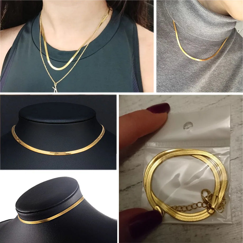 2024 High Quality Clavicle Blade Chains Dropshipping Women Gold Silver Color Stainless Steel 35+5Cm Snake Choker Necklace Chain